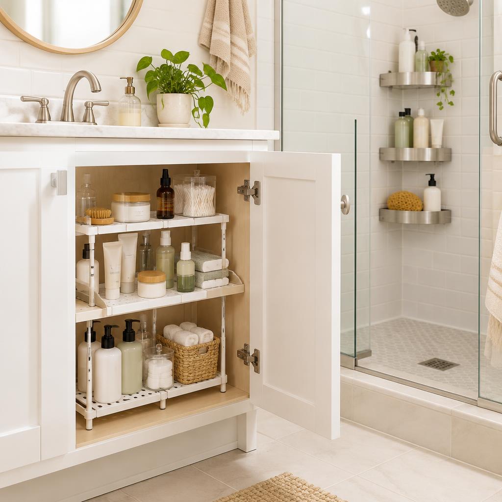 Bathroom Cabinet Riser Shelves (Set of 2) styled in a small home