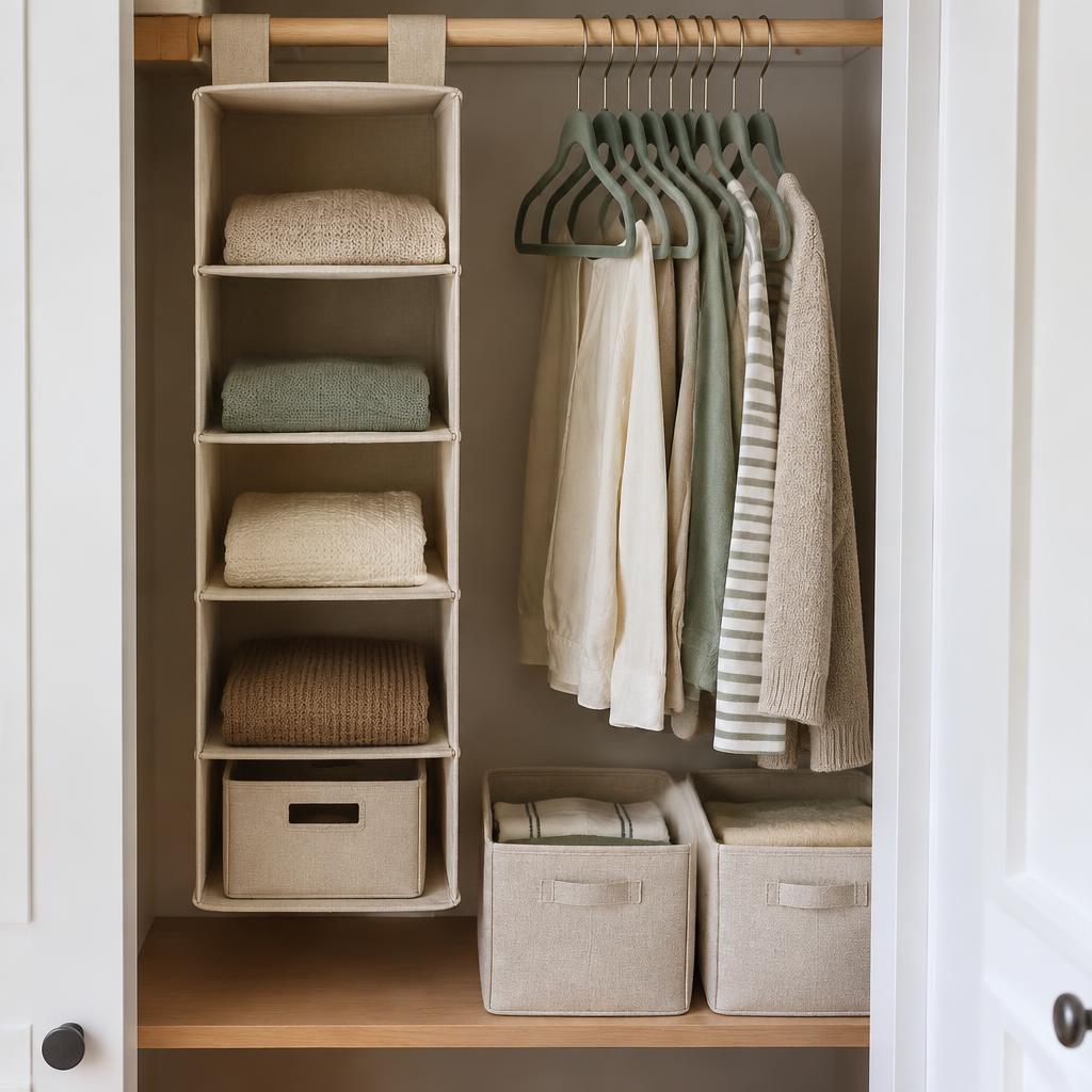 Hanging Closet Shelf Organizer (6-Shelf) styled in a small home