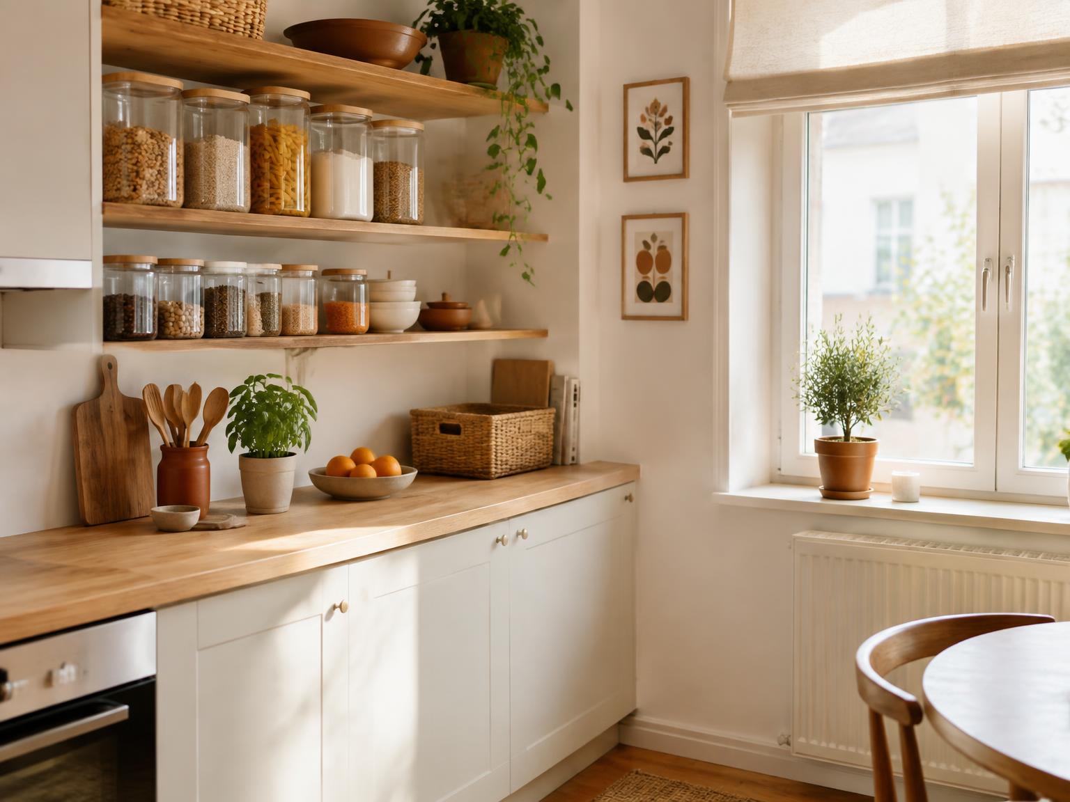 Neatly organized small kitchen with labelled bins and drawer dividers
