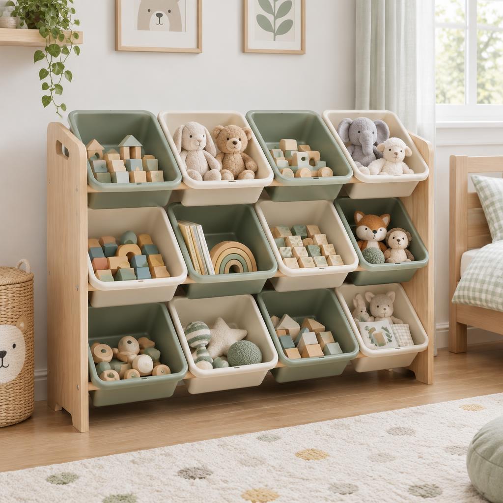Kids' Toy Storage Organizer (12 Bins) styled in a small home