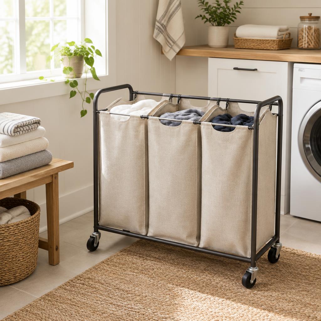 Three-Section Rolling Laundry Sorter styled in a small home