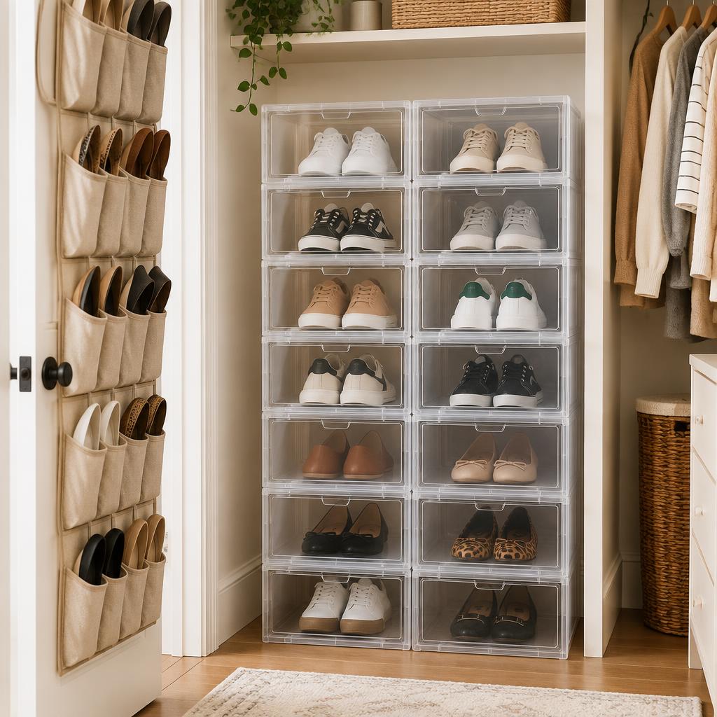 Over-the-Door Shoe Organizer (24-Pocket) styled in a small home